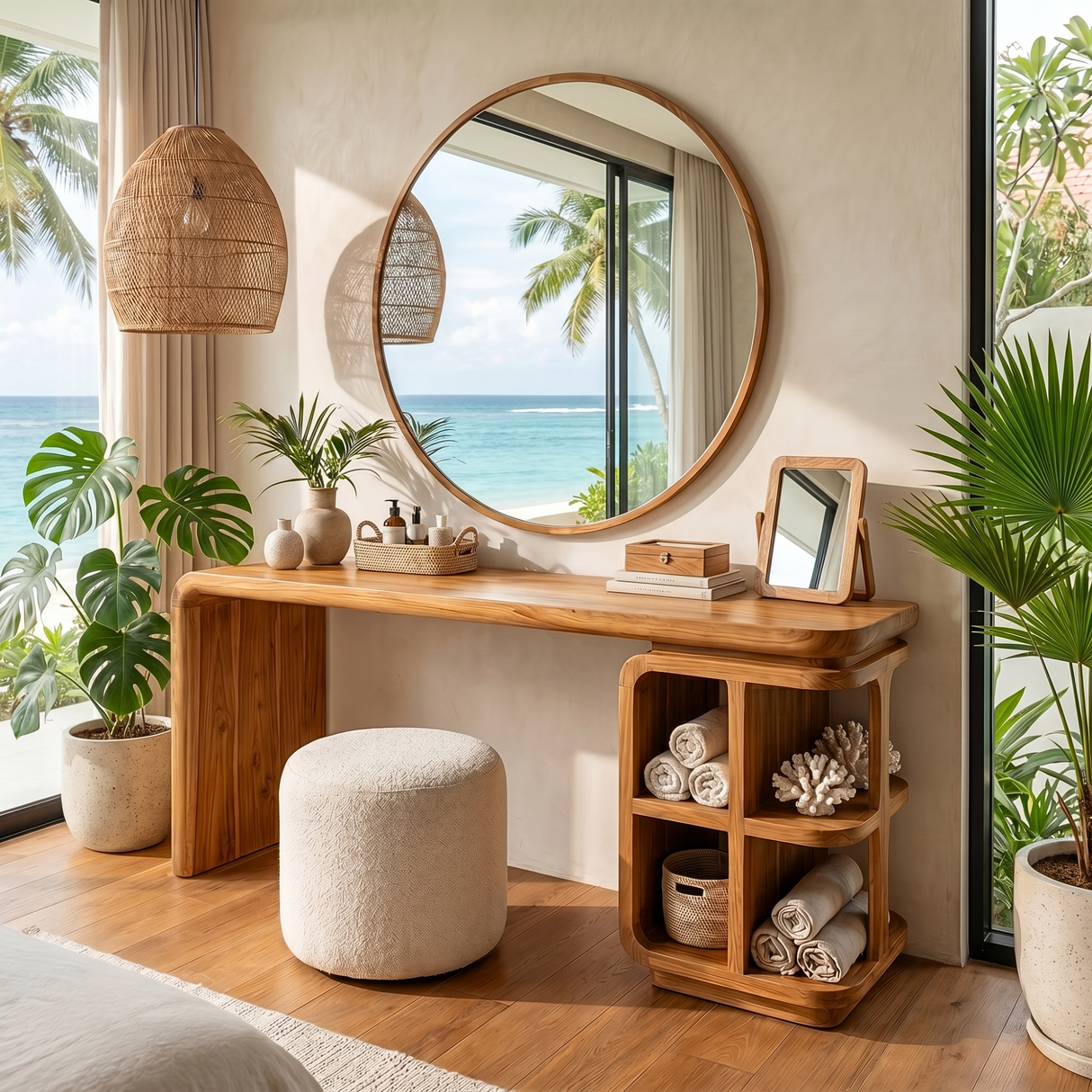 Handmade Solid Wood Vanity Table with Open Cubby Shelves and Waterfall Side