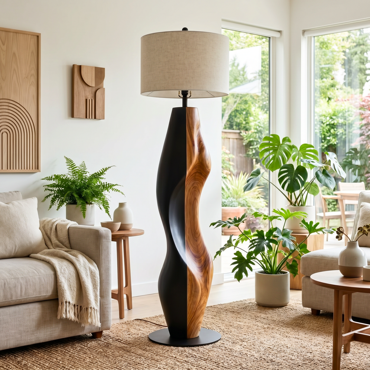 Sculptural Wood Floor Lamp with Organic Two-Tone Base and Fabric Drum Shade