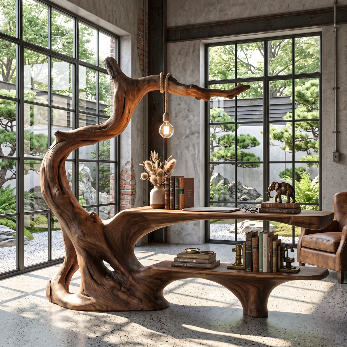 Organic Tree Root Office Desk With Floating Shelf And Hanging Lamp