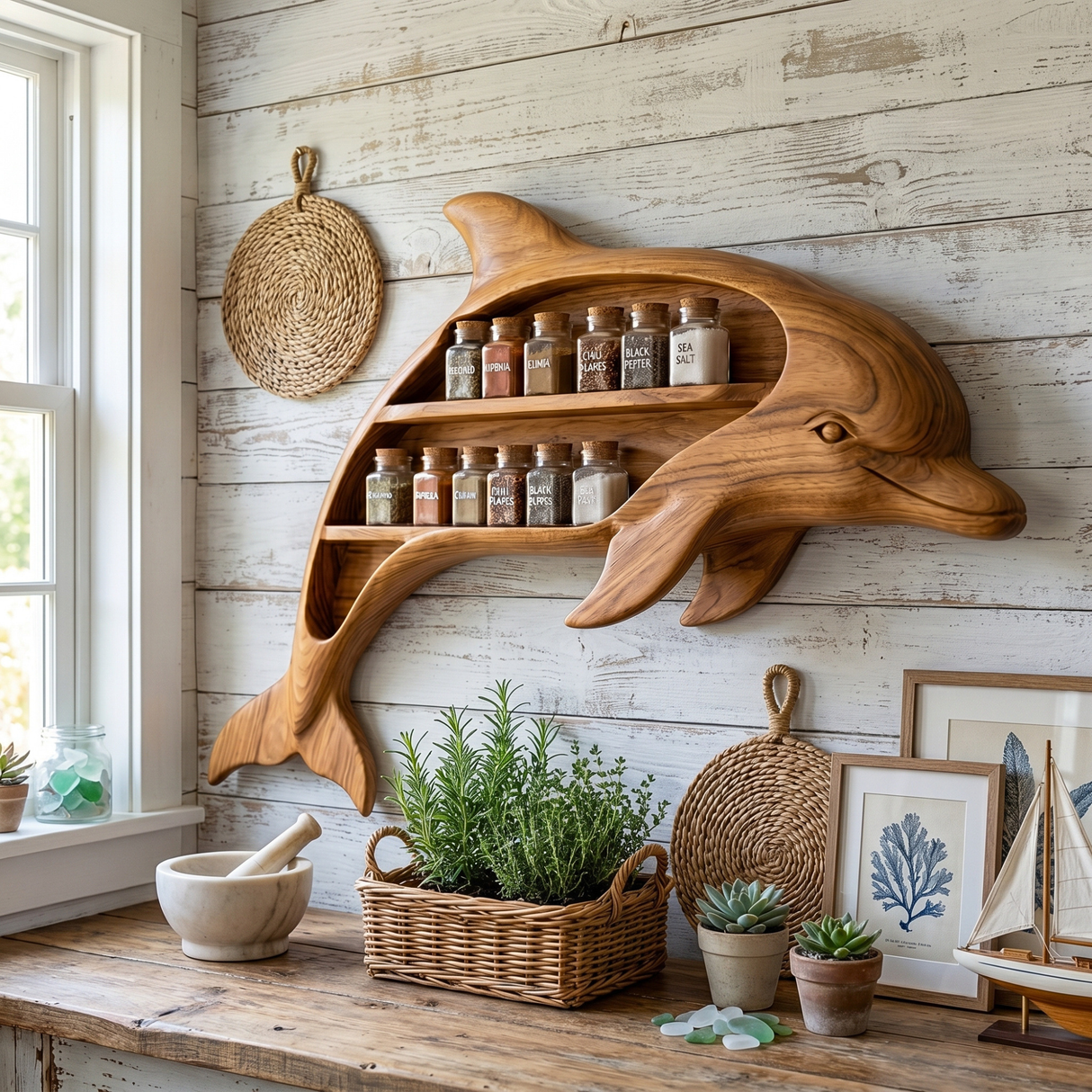 Handcrafted Dolphin-Shaped Wood Wall Spice Rack with Two Open Shelves for Kitchen