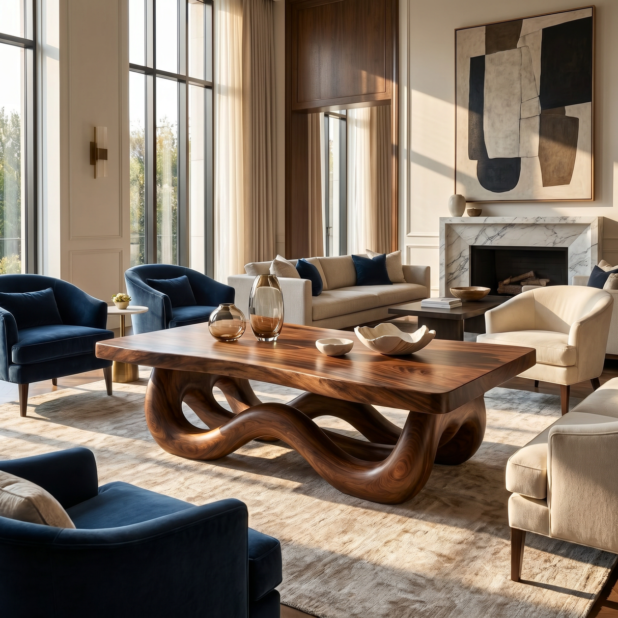 Solid Wood Coffee Table with Ribbon-Like Sculptural Base