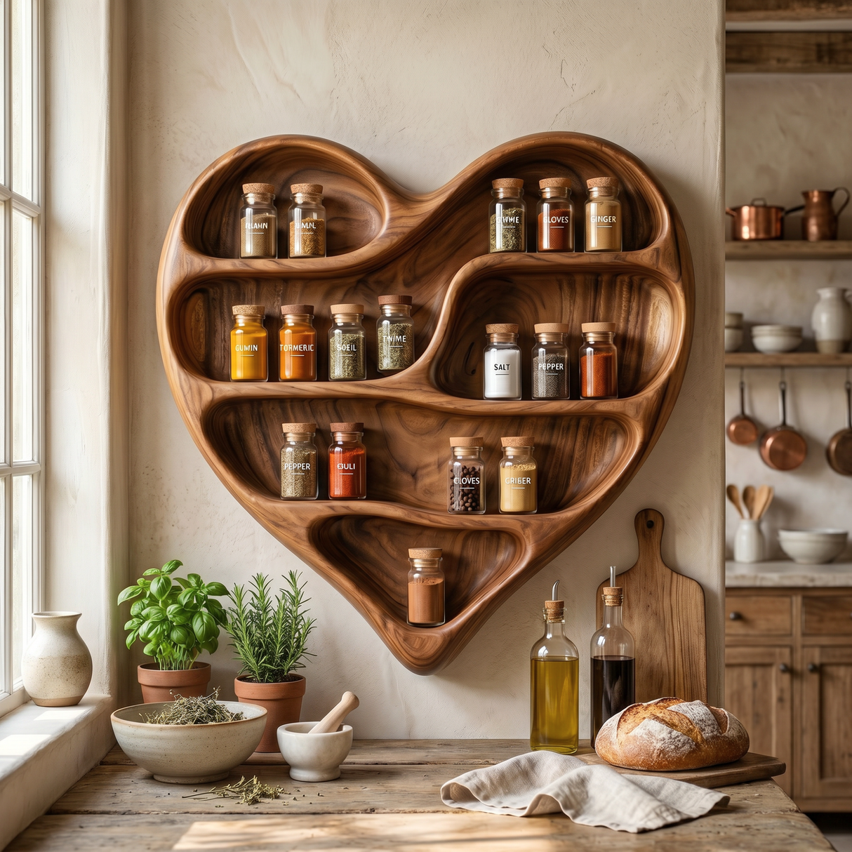 Solid Wood Heart Spice Rack with Organic Multi-Level Open Shelves