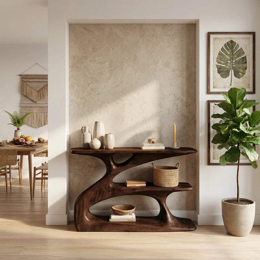 Sculptural Solid Wood Console with Integrated Shelf