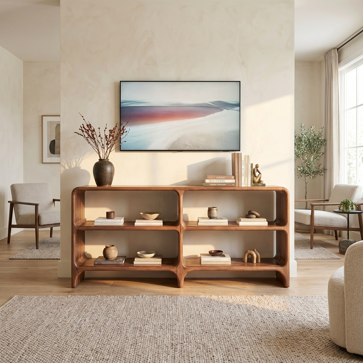 Solid Wood Low Display Console with Rounded Shelf Compartments