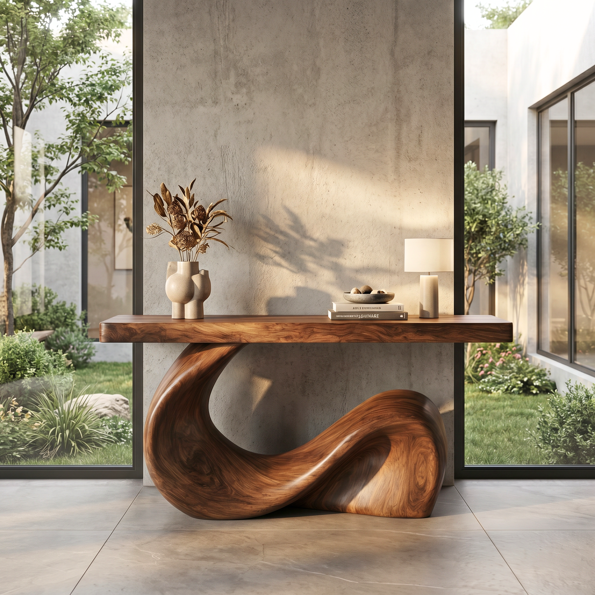 Console Table Solid Wood with Sculptural Wave Base for Entryway Decor