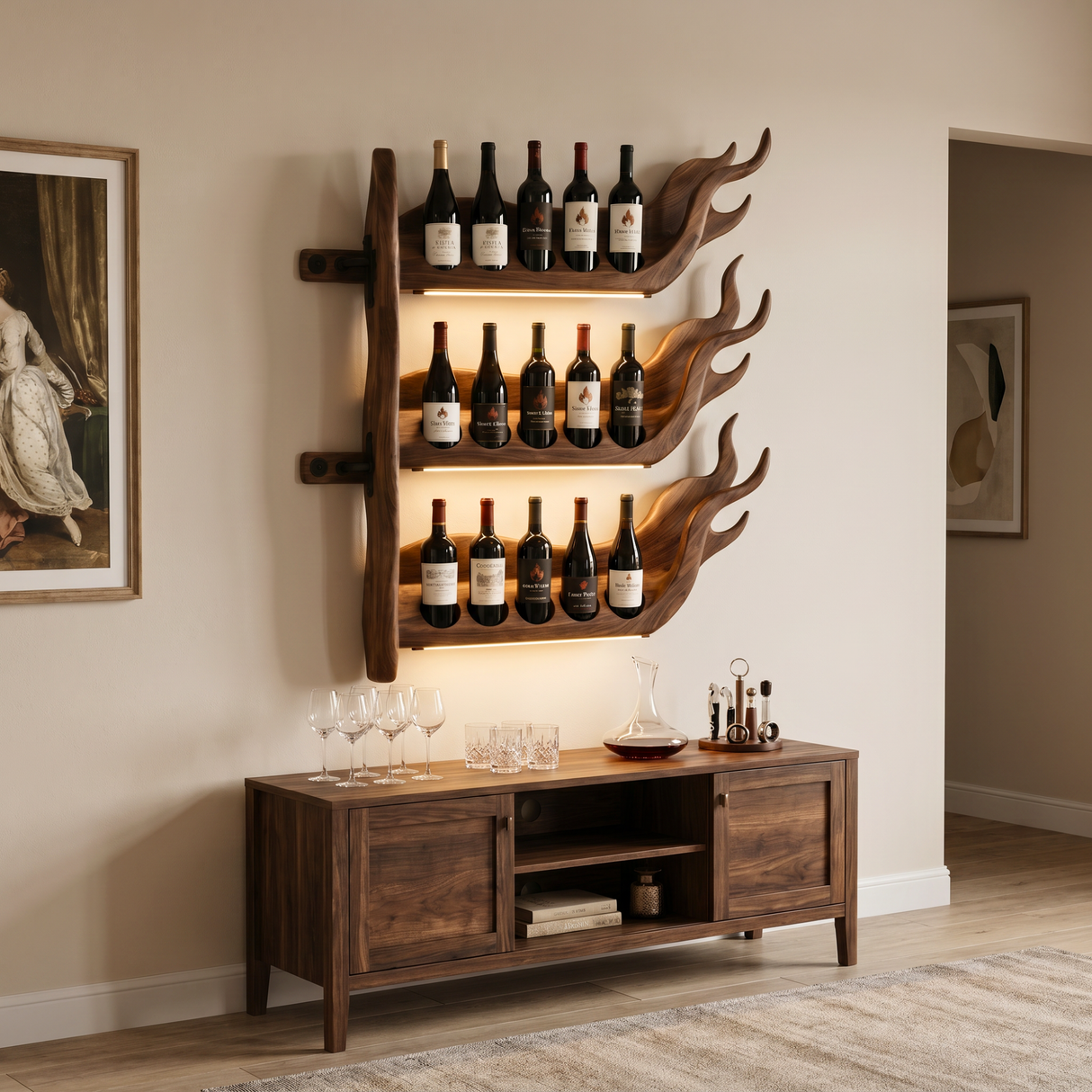 Modern Flame Inspired Solid Wood Wine Rack Wall Shelf