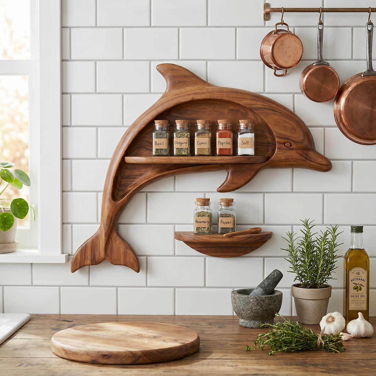 Carved Solid Wood Dolphin Wall Spice Shelf with Coastal Kitchen Storage