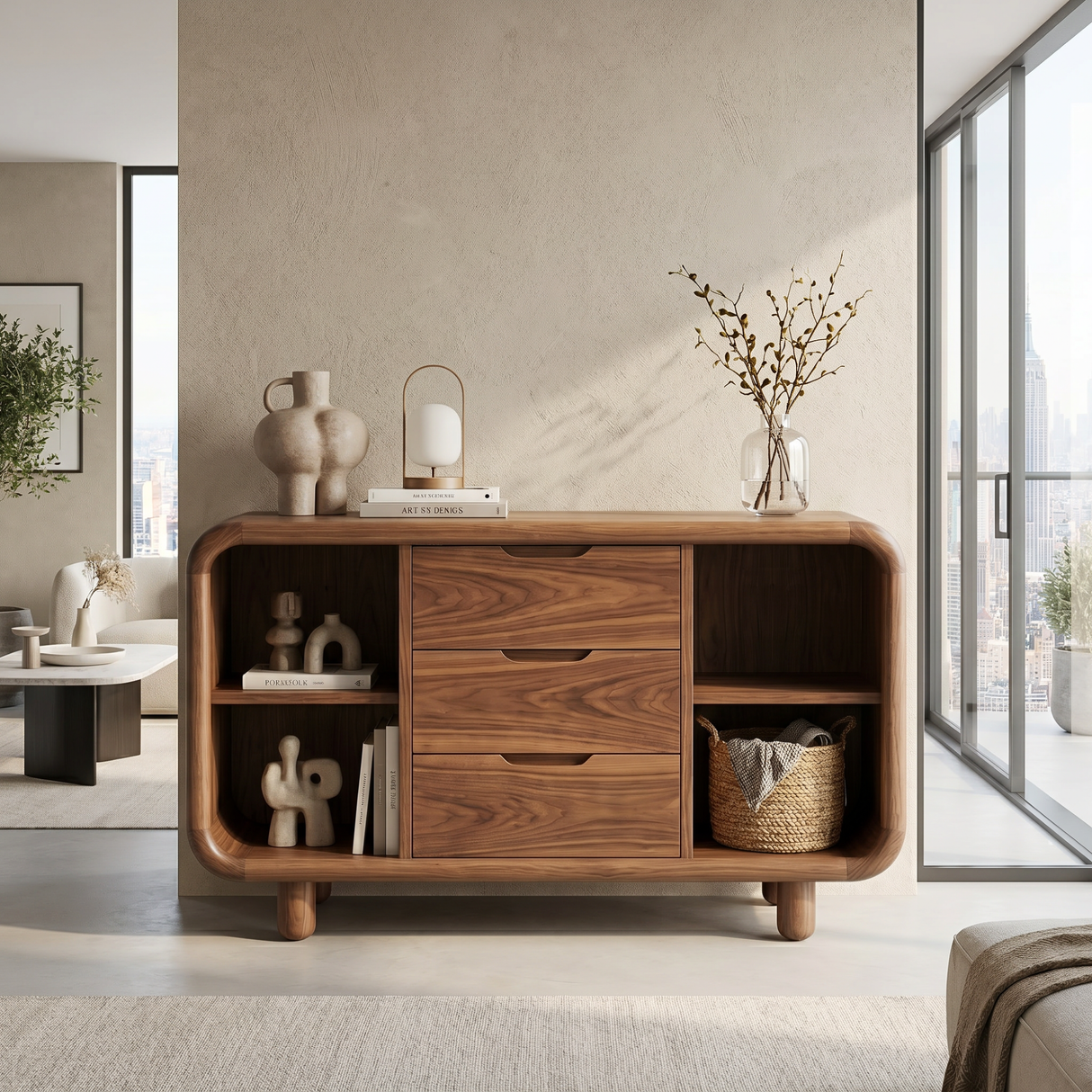 Solid Wood Sideboard Cabinet with Three Drawers and Rounded Display Bays