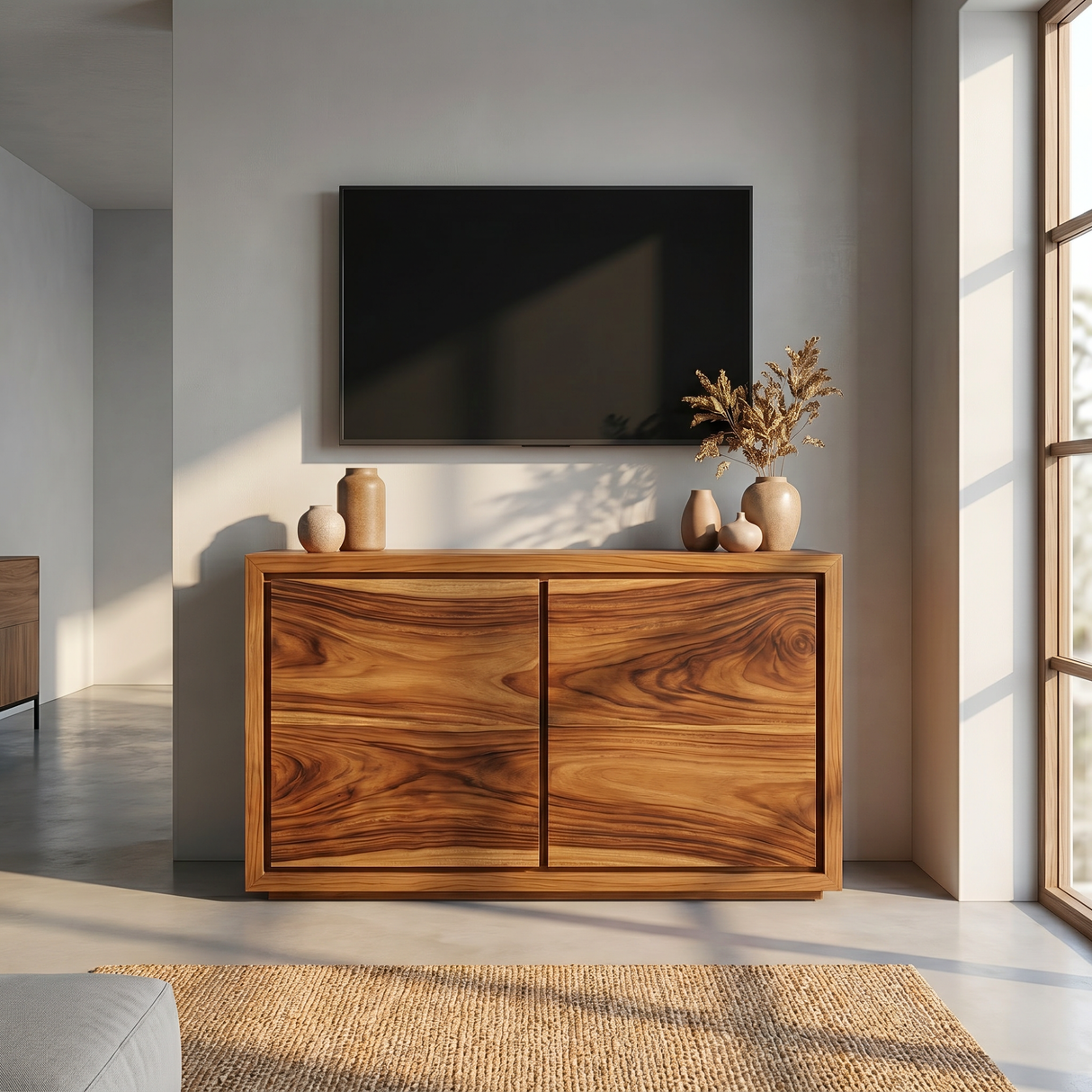 Solid Wood Minimal Sideboard Cabinet with Continuous Grain Doors