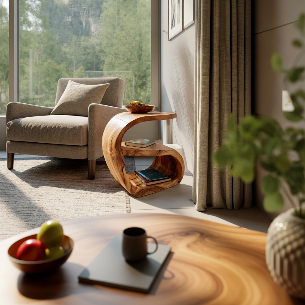 Organic Solid Wood Side Table with Sculpted Curve for Modern Living