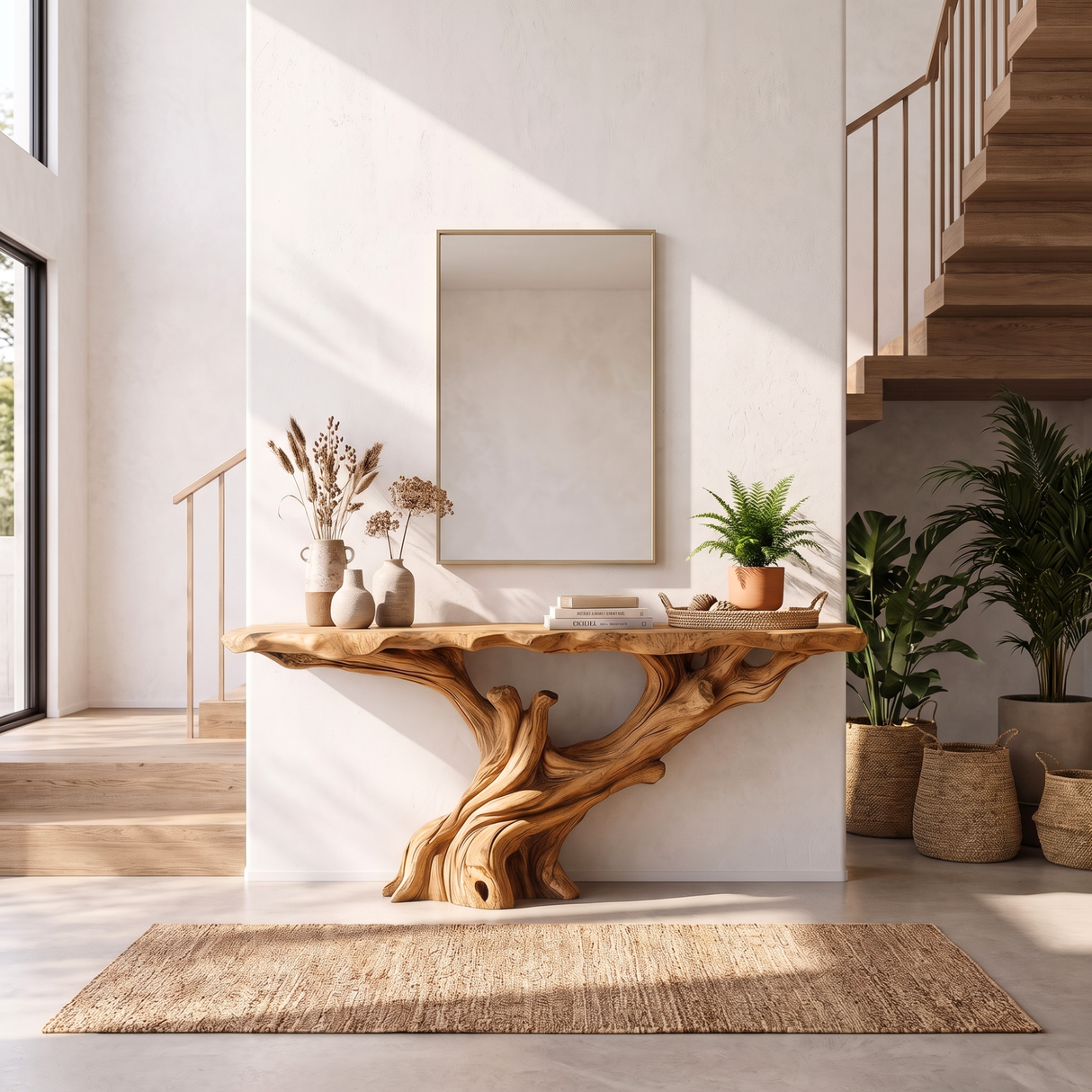 Console Table Solid Wood with Sculptural Tree Branch Base for Entryway