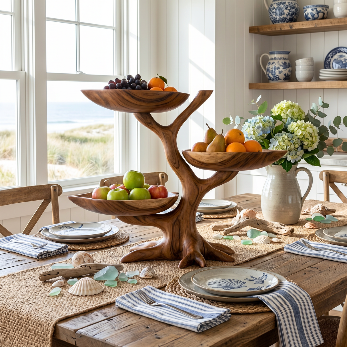 Handcrafted Solid Wood Tiered Fruit Centerpiece with Tree-Limb Stand and Curved Bowl Trays