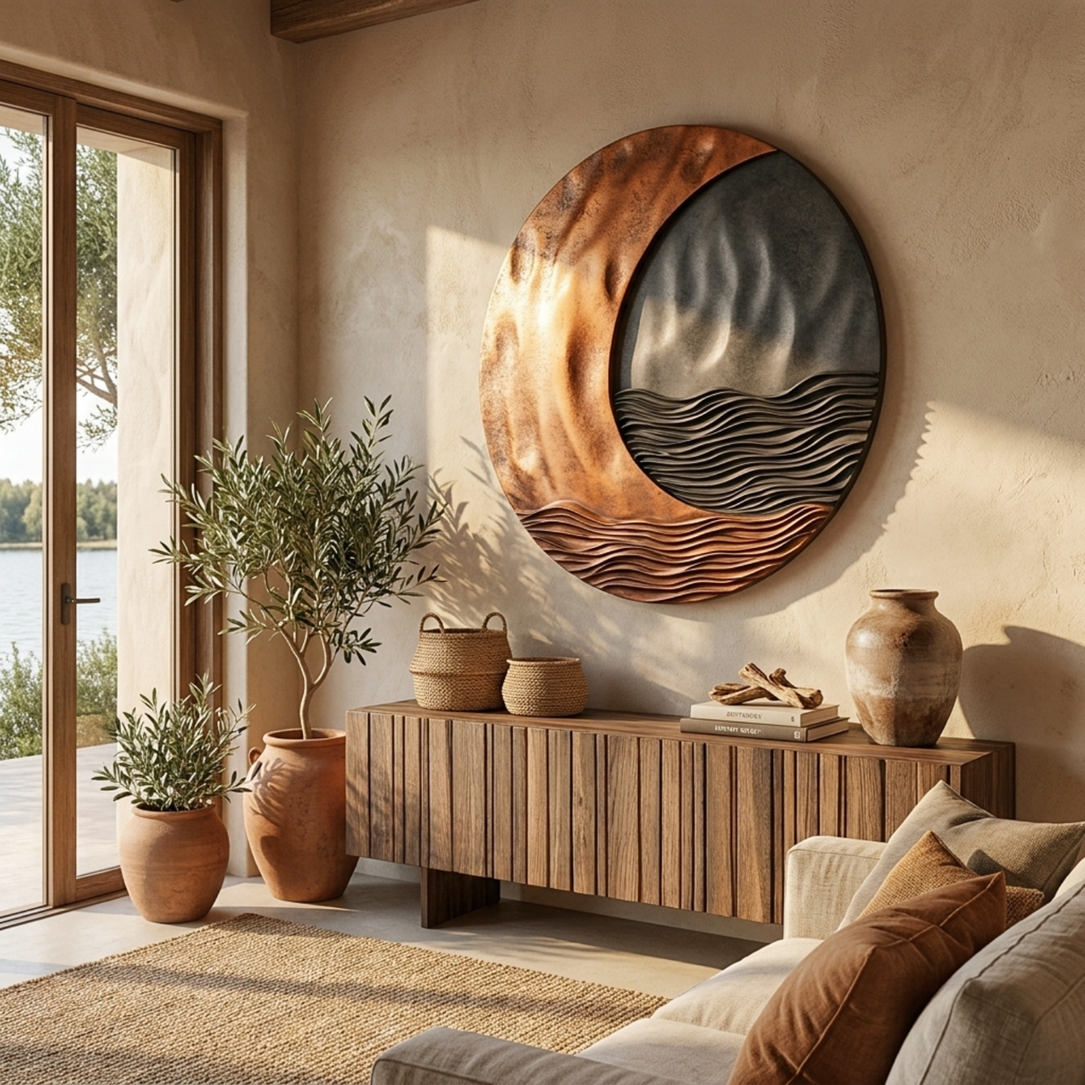 Solid Wood Circular Wall Sculpture with Crescent Wave Relief for Modern Interior Decor
