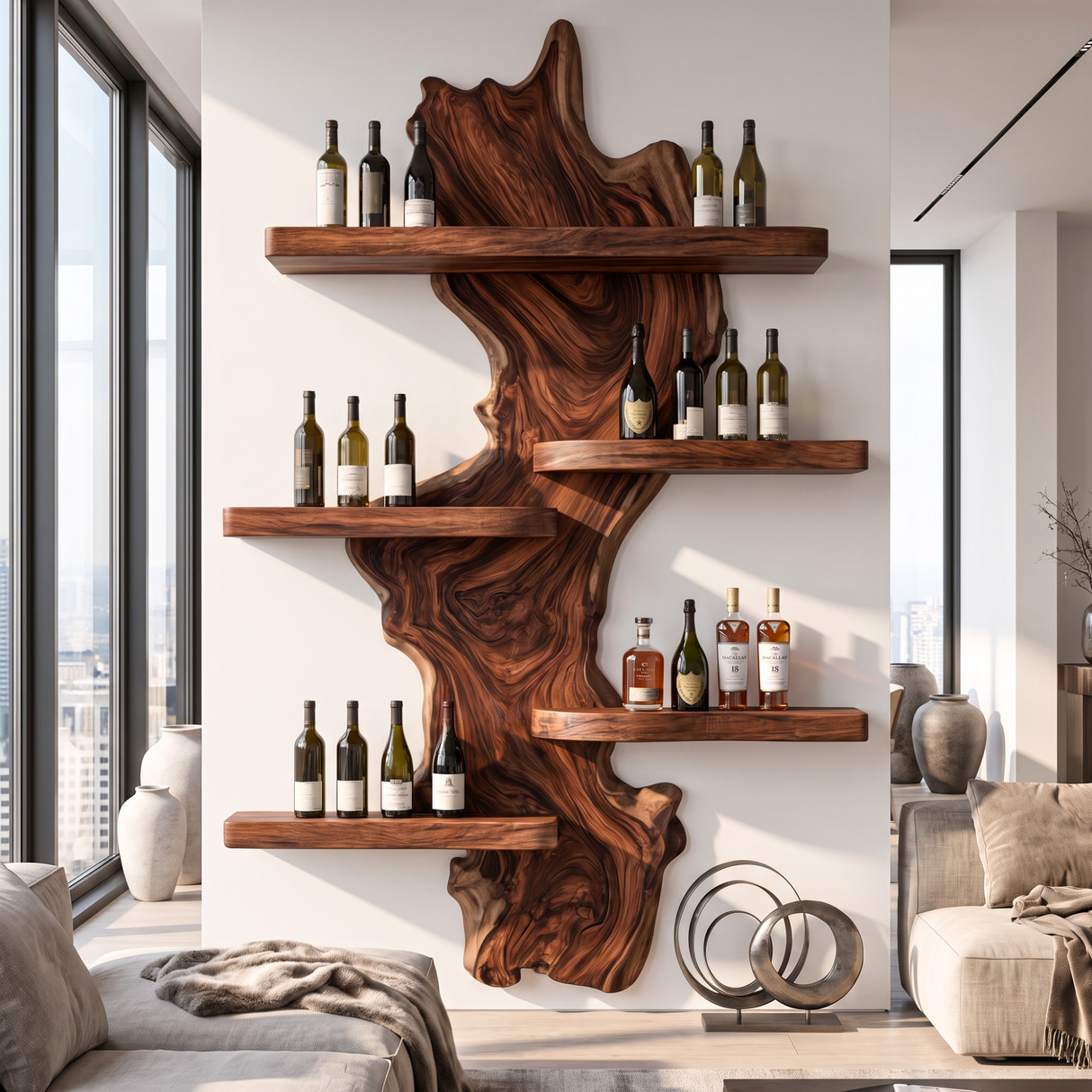 Wall Mounted Wine Rack Solid Wood with Sculptural Live Edge Center and Display Shelves