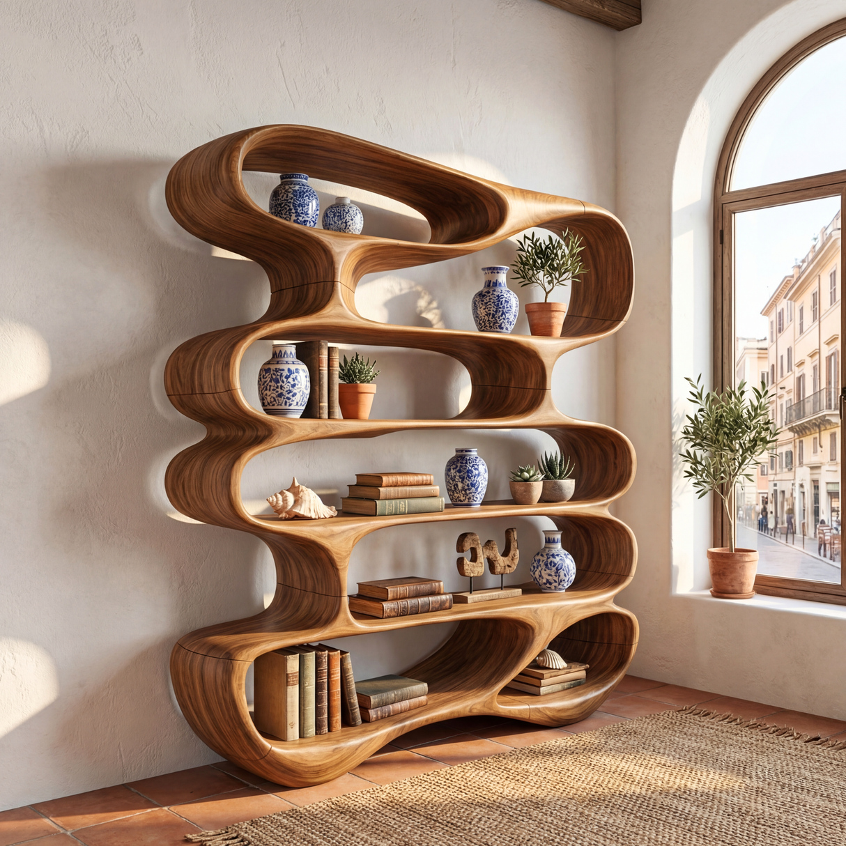 Flowing Open Form Wood Display Shelf with Sculptural Tiered Shelving