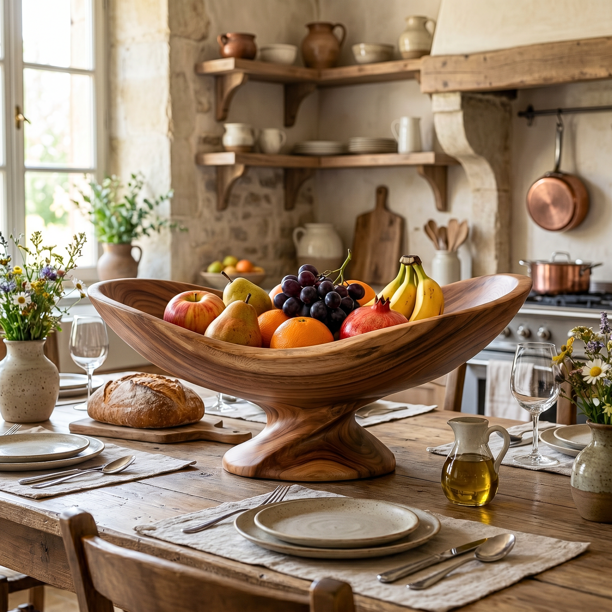 Solid Wood Boat-Shaped Fruit Bowl with Low Sculptural Pedestal Base