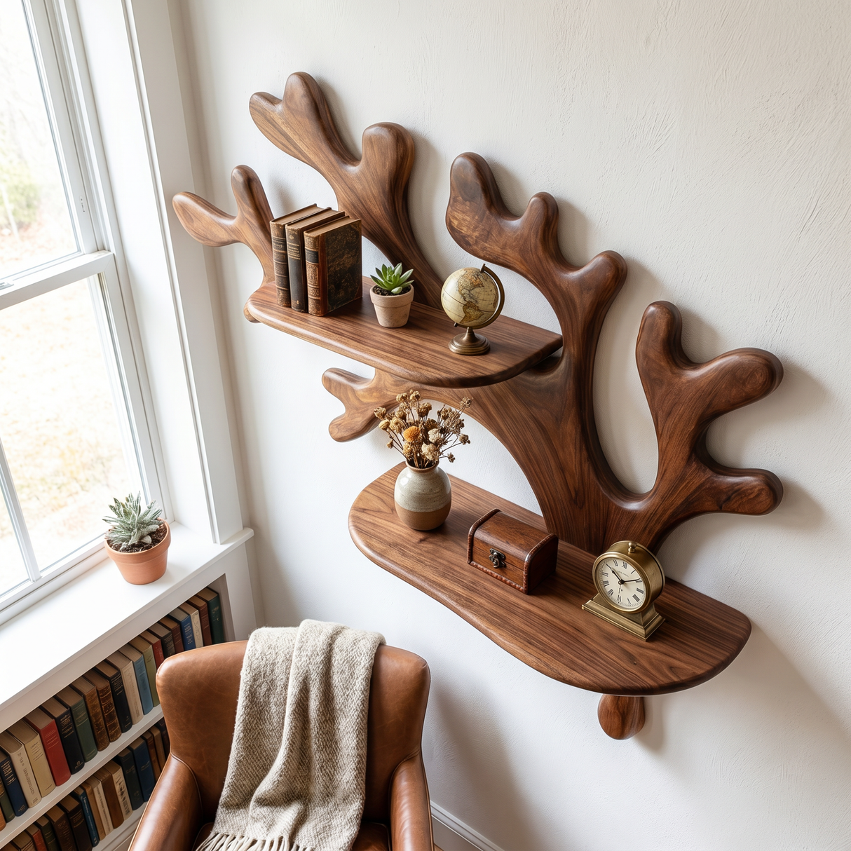 Handcrafted Solid Wood Coral Branch Wall Shelf for Bathroom Storage