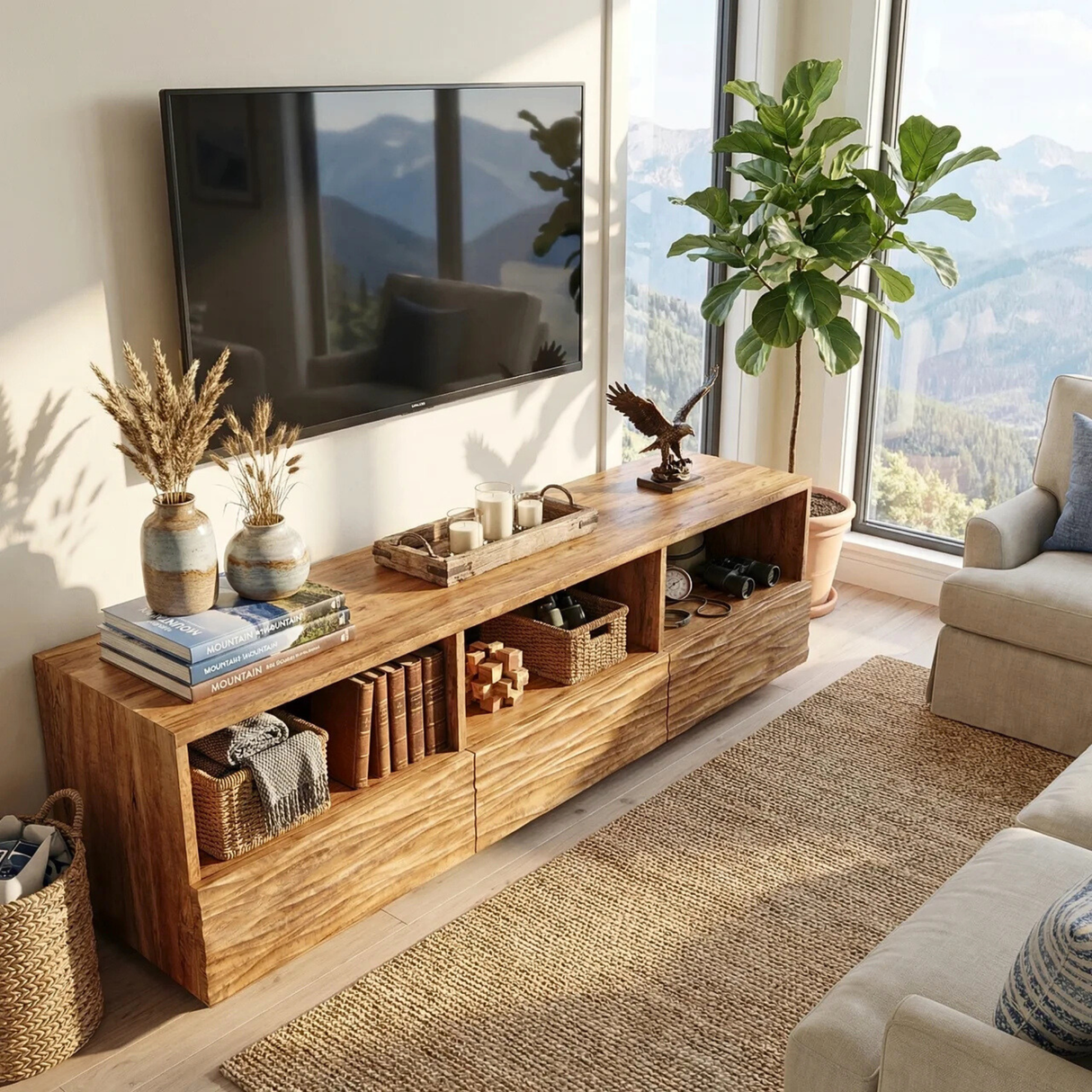 Sculptural Wood TV Cabinet with Carved Wave Front for Coastal Modern Interiors