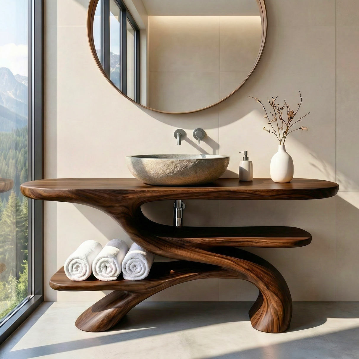 Handcrafted Solid Wood Bathroom Vanity with Sculptural Open Shelf
