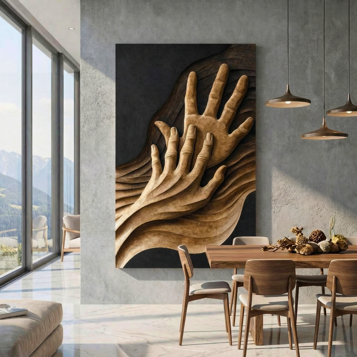 Handcrafted Solid Wood Wall Sculpture with Intertwined Hands and Flowing Grain Waves