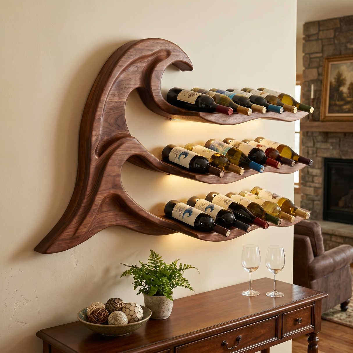 Modern Organic Solid Wood Wine Rack Wall Shelf