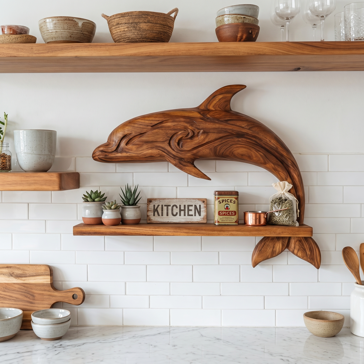 Solid Wood Dolphin Wall Shelf Spice Rack with Long Open Jar Display