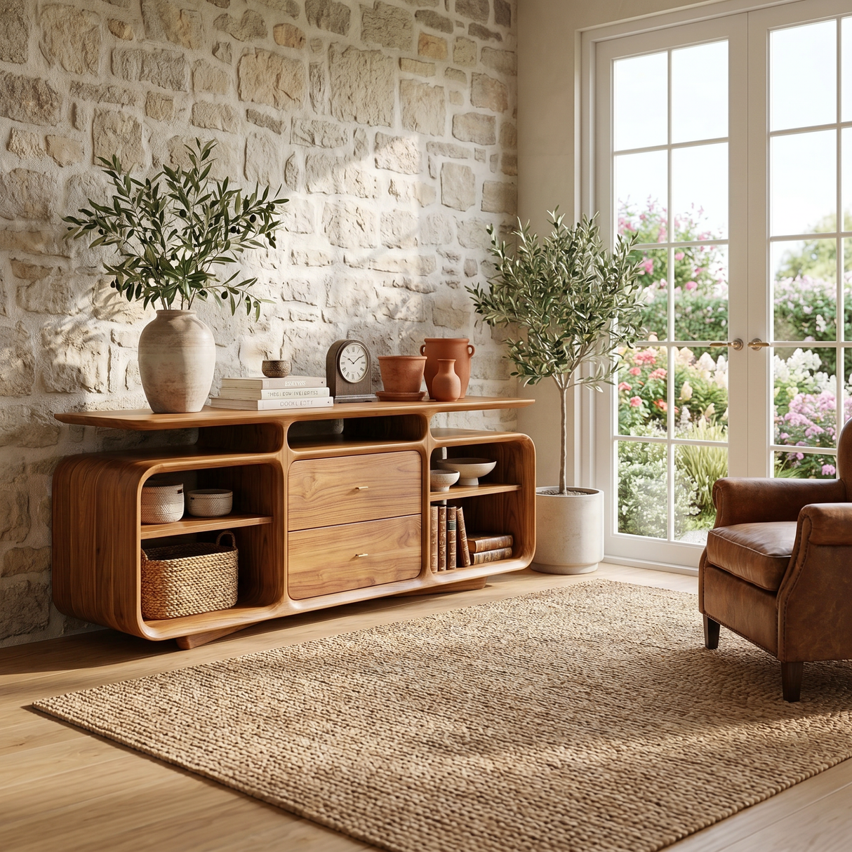 Solid Wood Low Sideboard Cabinet with Drawers and Open Storage Shelves