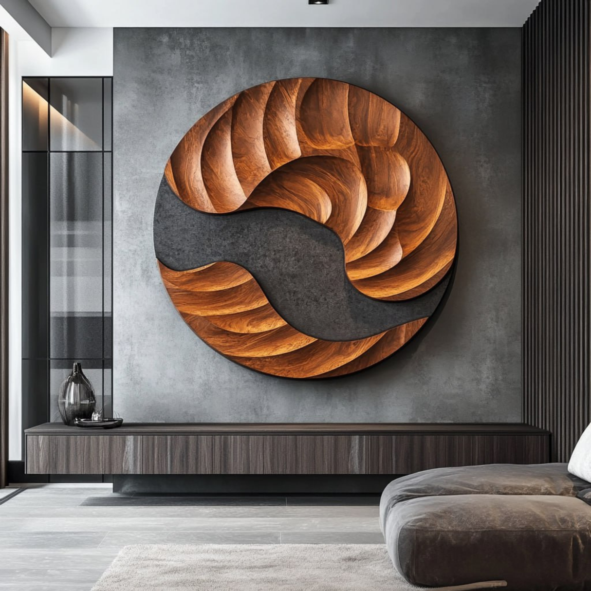 Solid Wood Abstract Wall Art with Swirling Cutout and Layered Carved Grain