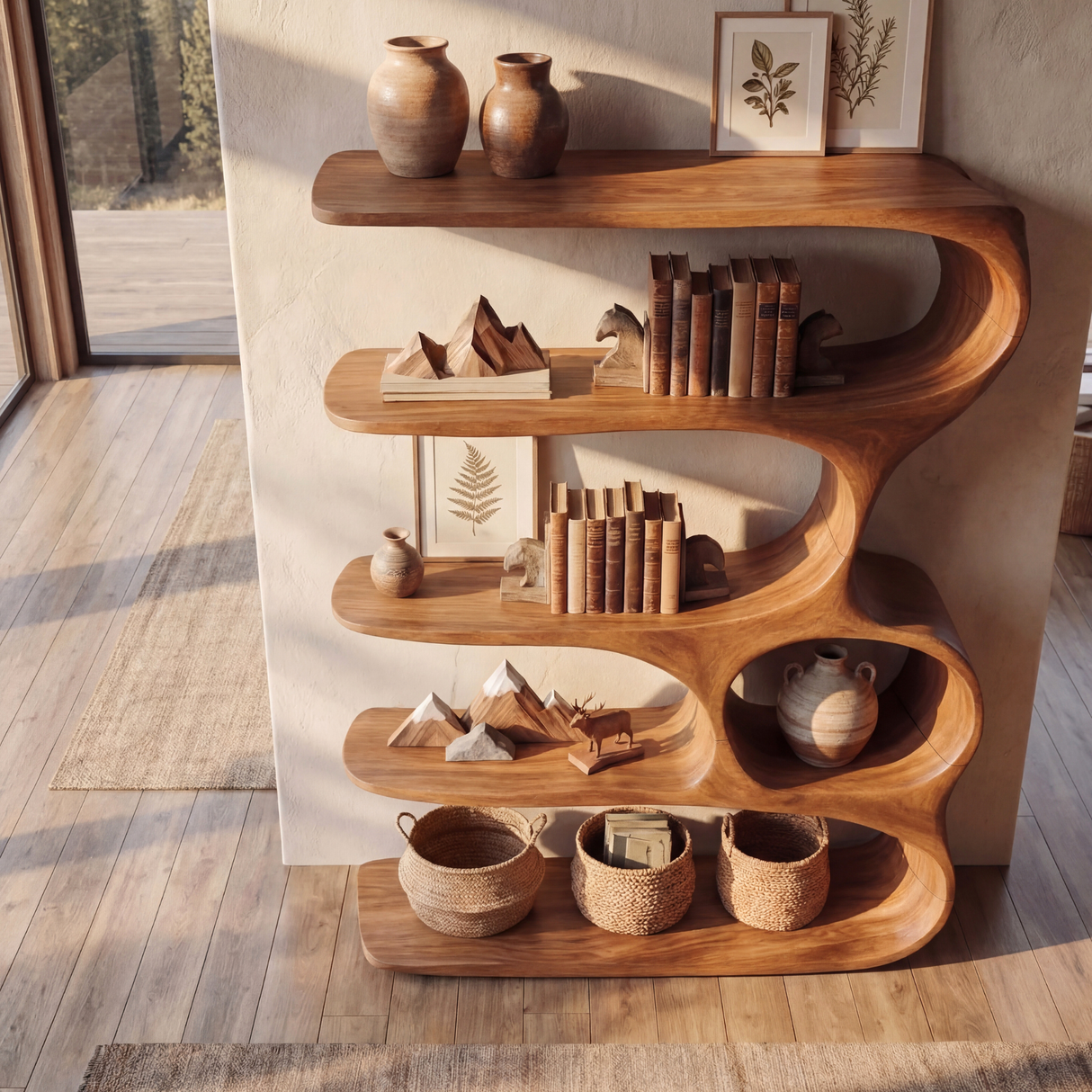 Ribbon Curve Wood Bookcase with Long Floating Display Shelves