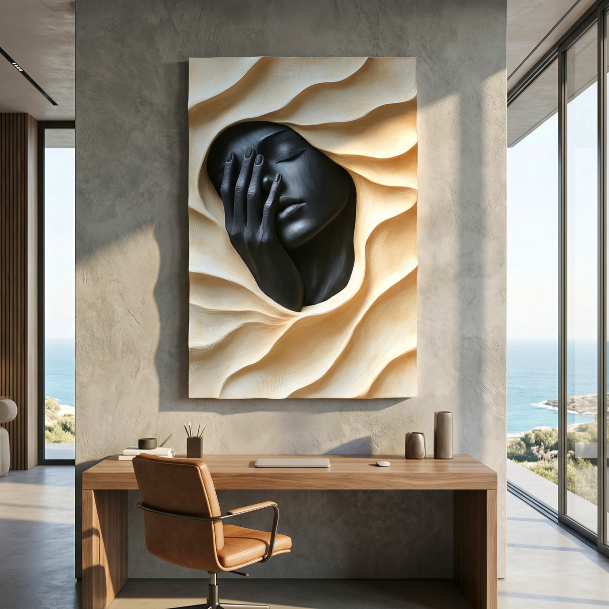 Handcrafted Solid Wood Wall Art Panel with Abstract Portrait Relief