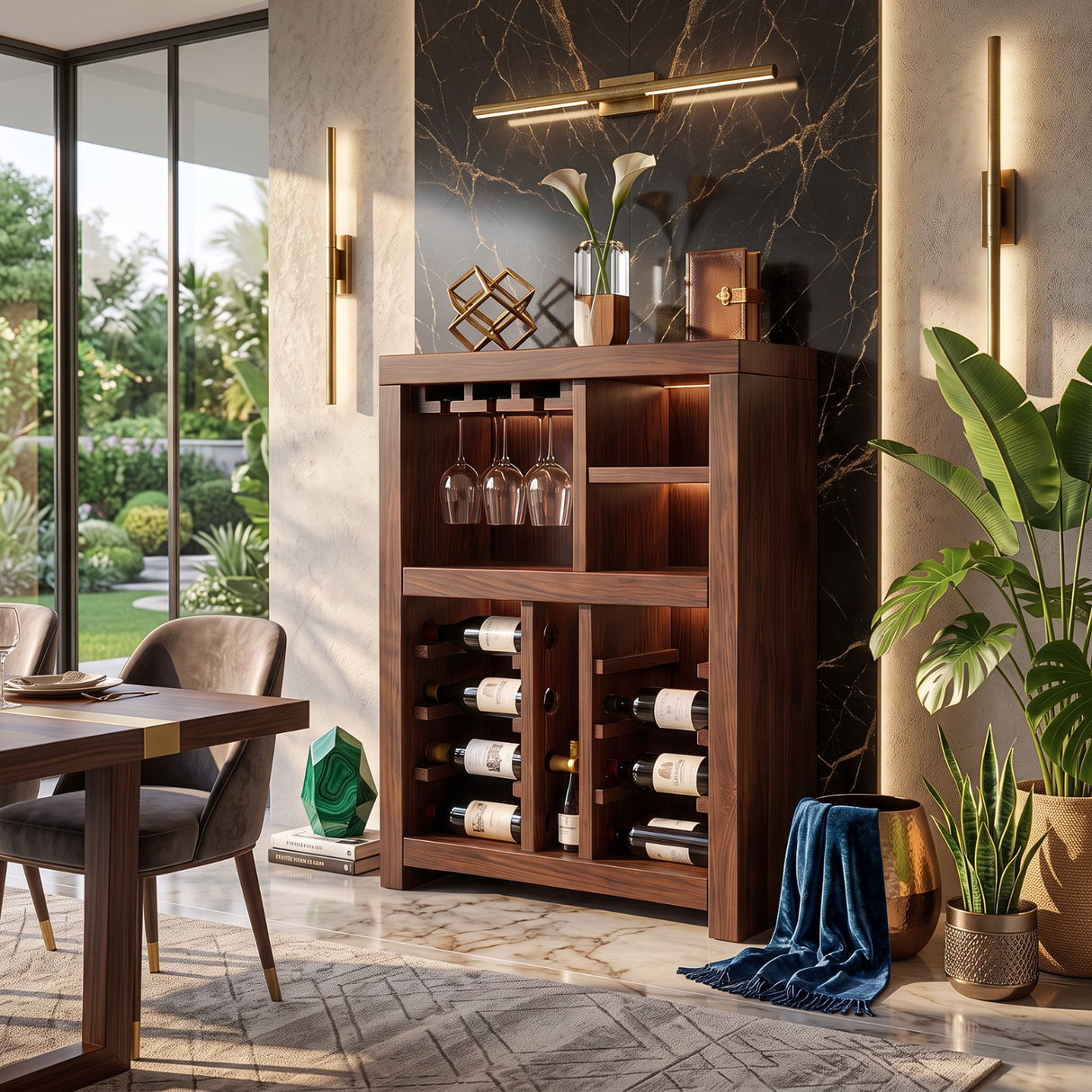 Solid Wood Wine Cabinet with Bottle Racks and Stemware Storage for Home Bar