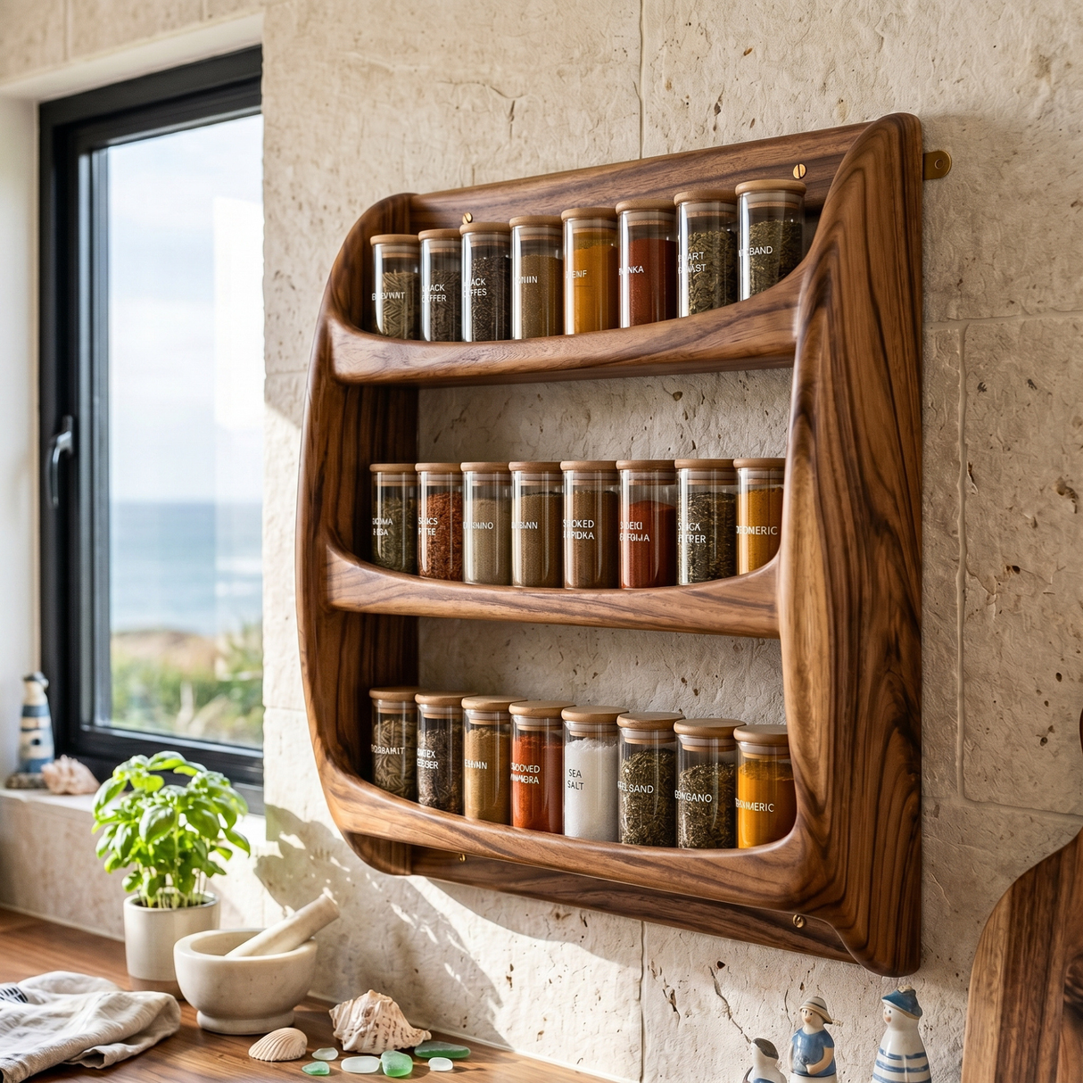 Solid Wood Wall Spice Rack with Rounded Three-Tier Open Shelf Design