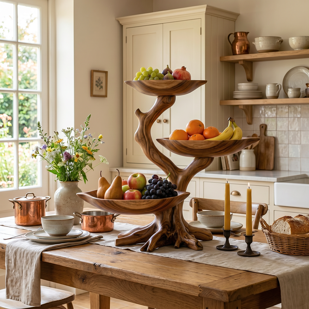 Branching Solid Wood Fruit Bowl Centerpiece with Three Elevated Display Trays
