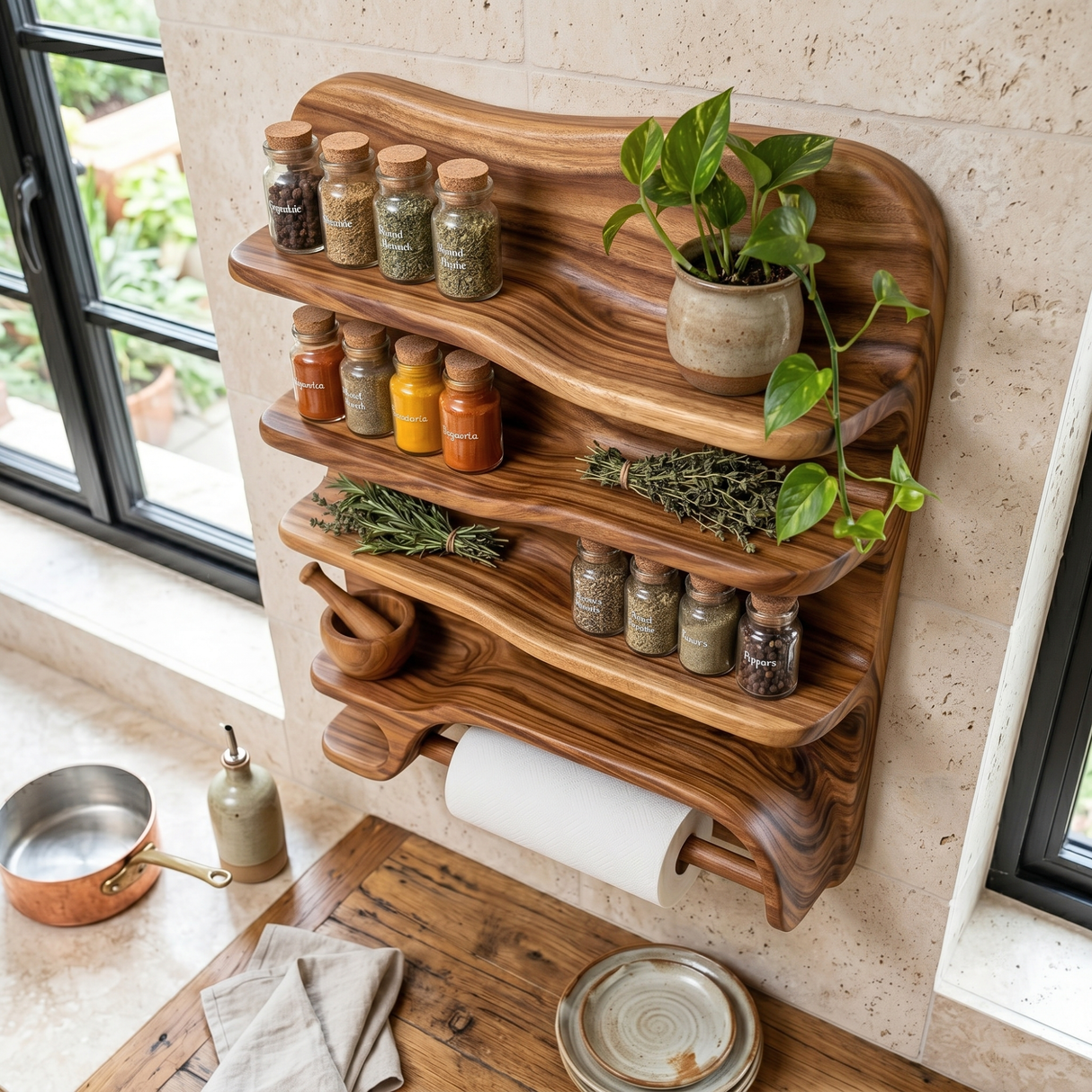 Handcrafted Solid Wood Spice Rack Shelf with Organic Edges and Paper Towel Holder