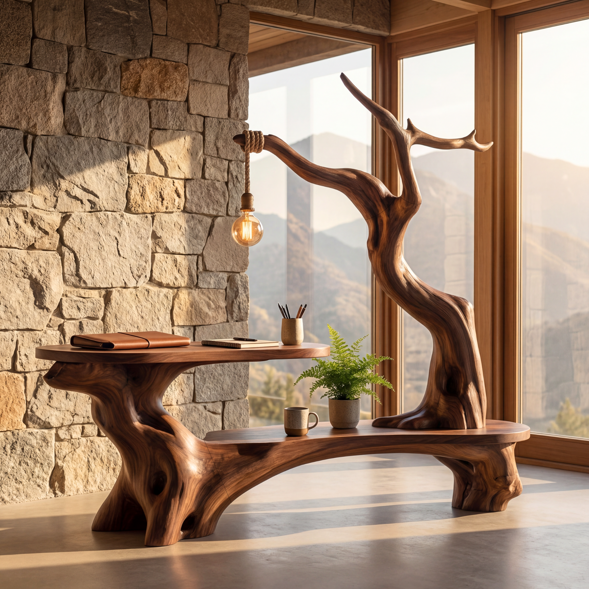 Sculptural Solid Wood Desk with Hanging Light Tree Inspired Writing Table Organic Modern Workspace
