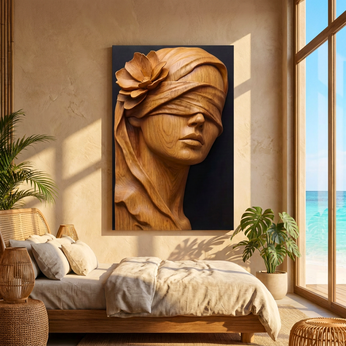 Golden Veil Bloom Wooden Relief Portrait Sculpture Wall Art