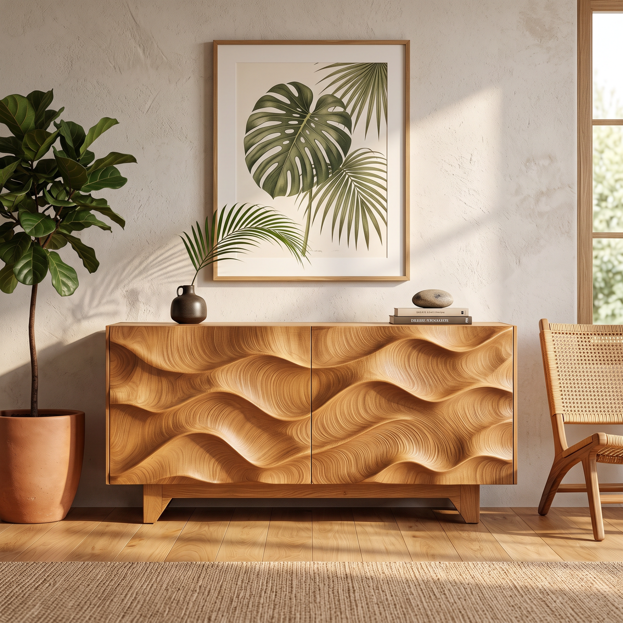 Sideboard Solid Wood with Sculptural Flowing Wave Relief Doors for Entryway Decor