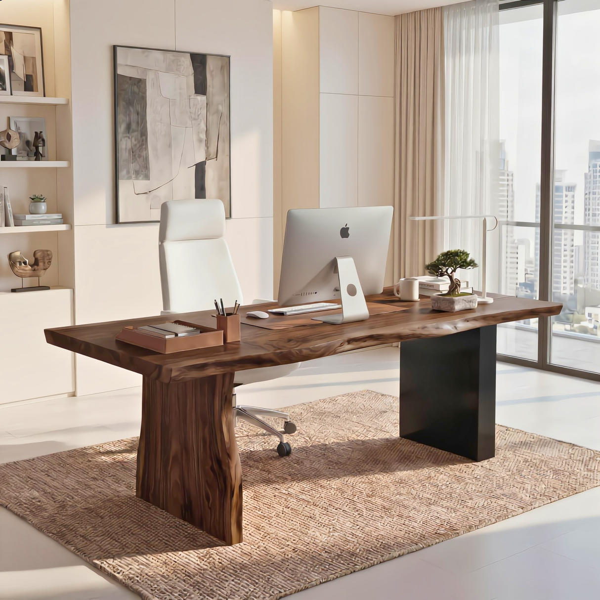 Solid Wood Office Desk with Live Edge Top and Panel Legs