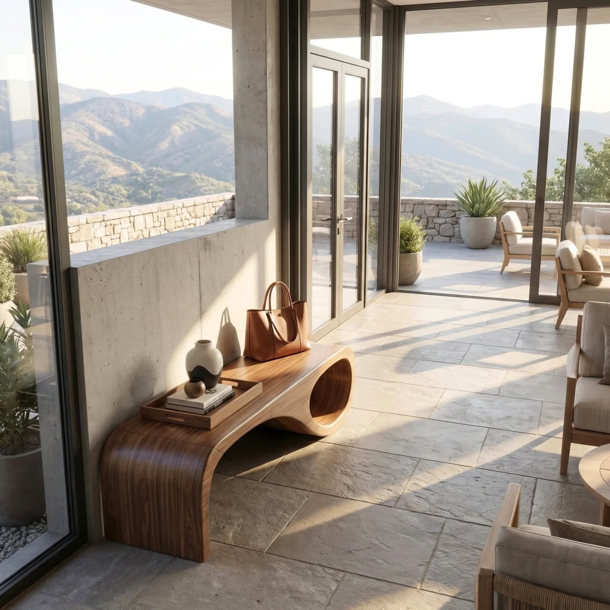 Organic Wood Bench with Sculptural Loop Base for Modern Mediterranean Interiors