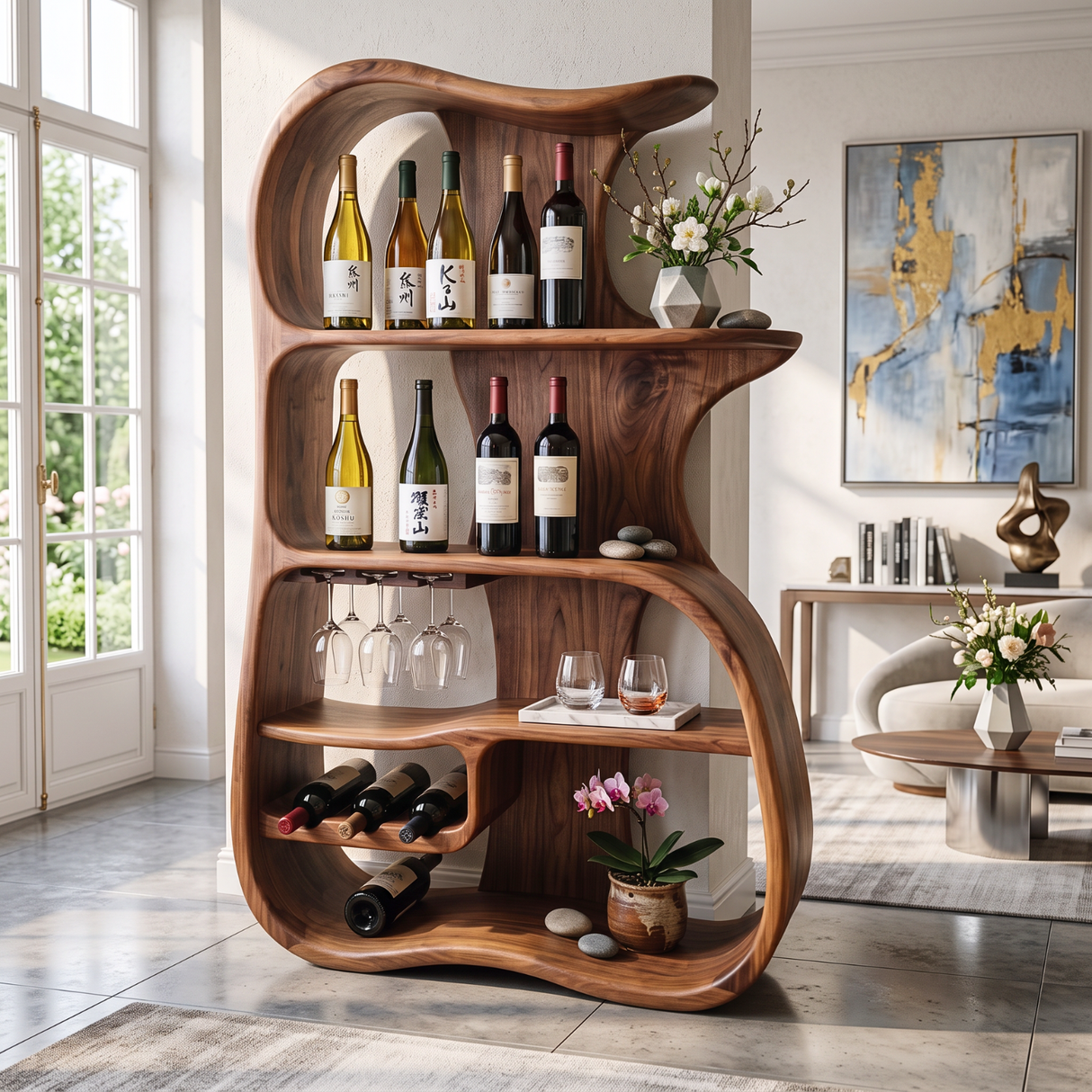 Wine Cabinet Solid Wood Organic Open Shelf Design for Dining Room