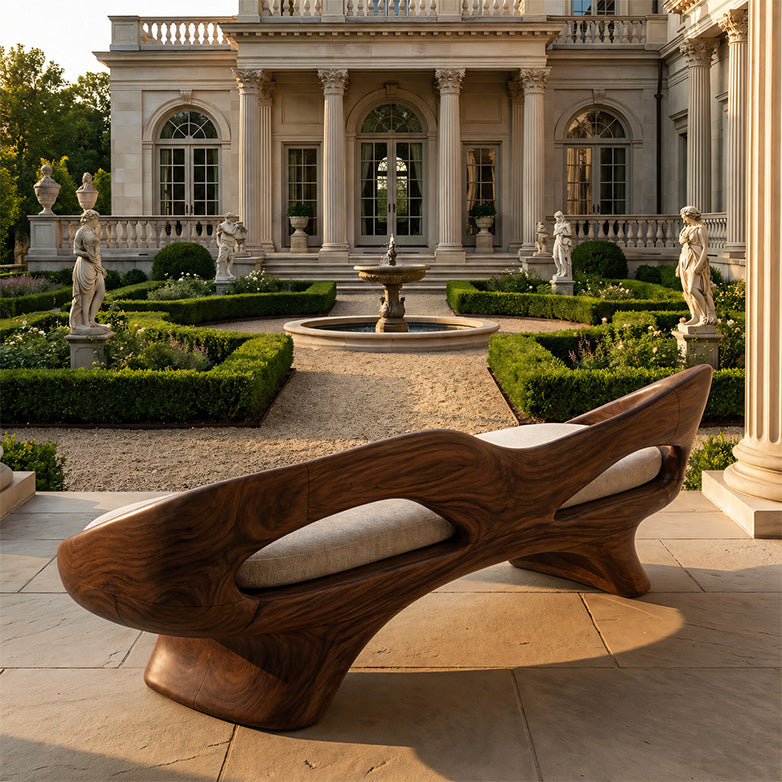 Handcrafted Organic Solid Wood Bench with Cushion Sculptural Modern Seating