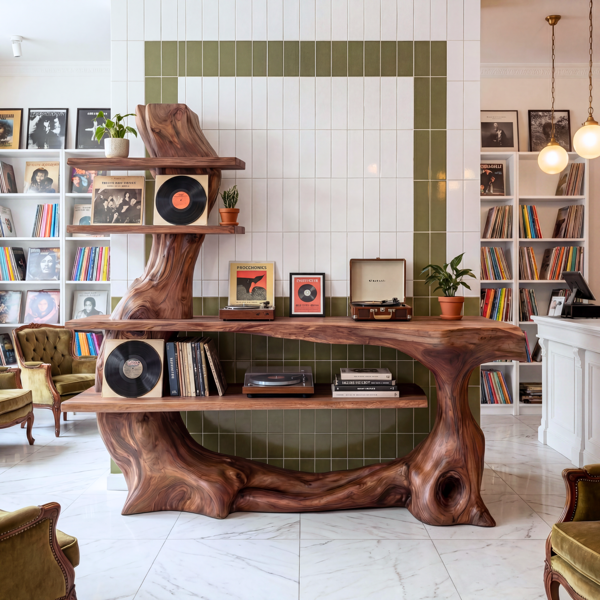 Organic Solid Wood Console Table with Sculptural Base and Open Tier Shelving Artistic Freeform Console Table