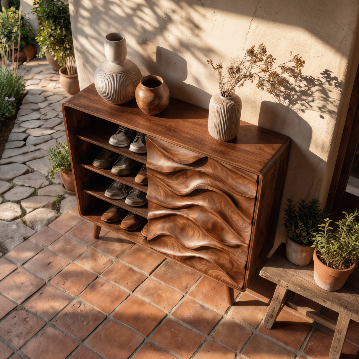 Handcrafted Solid Wood Shoe Cabinet with Wave Carved Sliding Door for Entryway