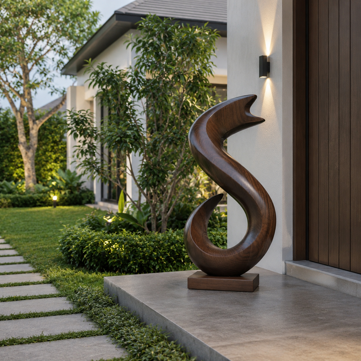 Handcrafted Solid Wood Flame Wave Sculpture for Garden and Entryway Decor