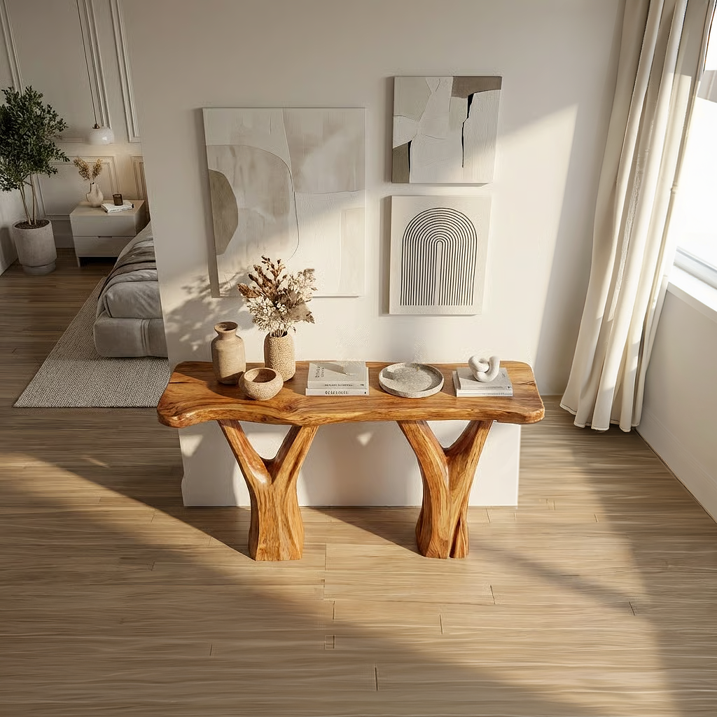 Live Edge Solid Wood Console with Tree-Inspired Base