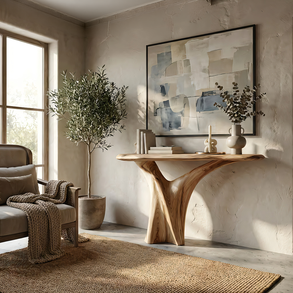 Organic Solid Wood Console Table with Sculpted Pedestal Base