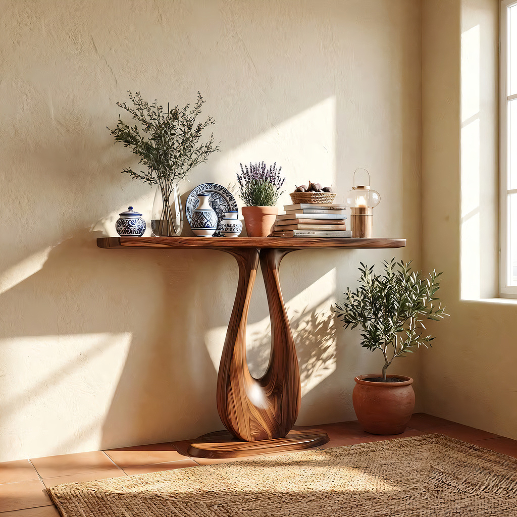 Sculptural Solid Wood Console Table with U-Shaped Pedestal Base