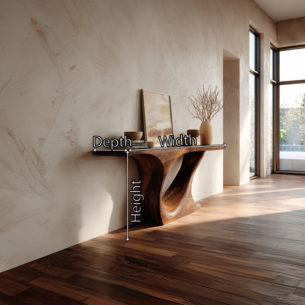 Organic Curve Solid Wood Console Table with Sculpted Pedestal Base