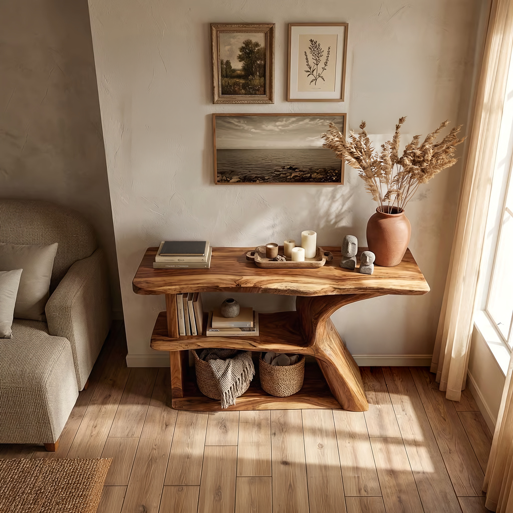 Modern Solid Wood Console Table with Sculpted Side Panel and Shelf