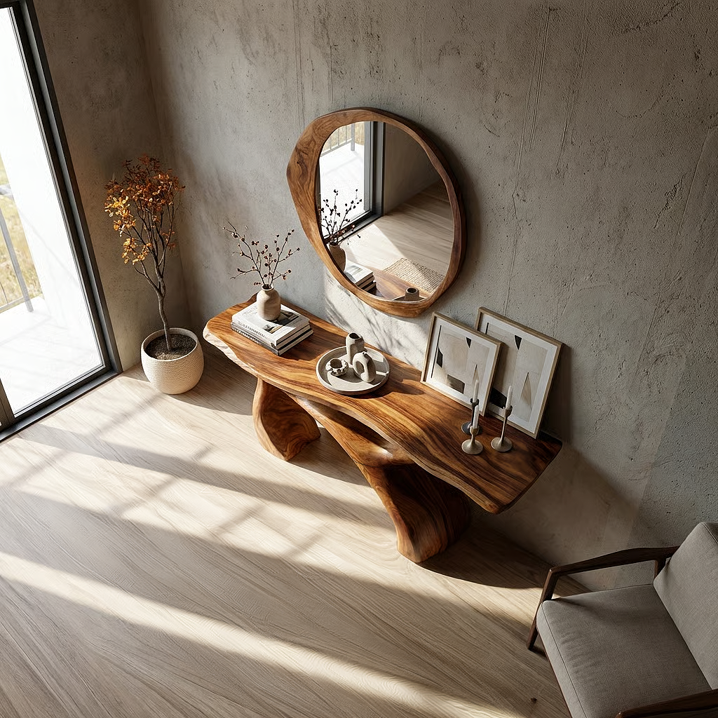 Sculptural Solid Wood Console Table with Organic Curved Base